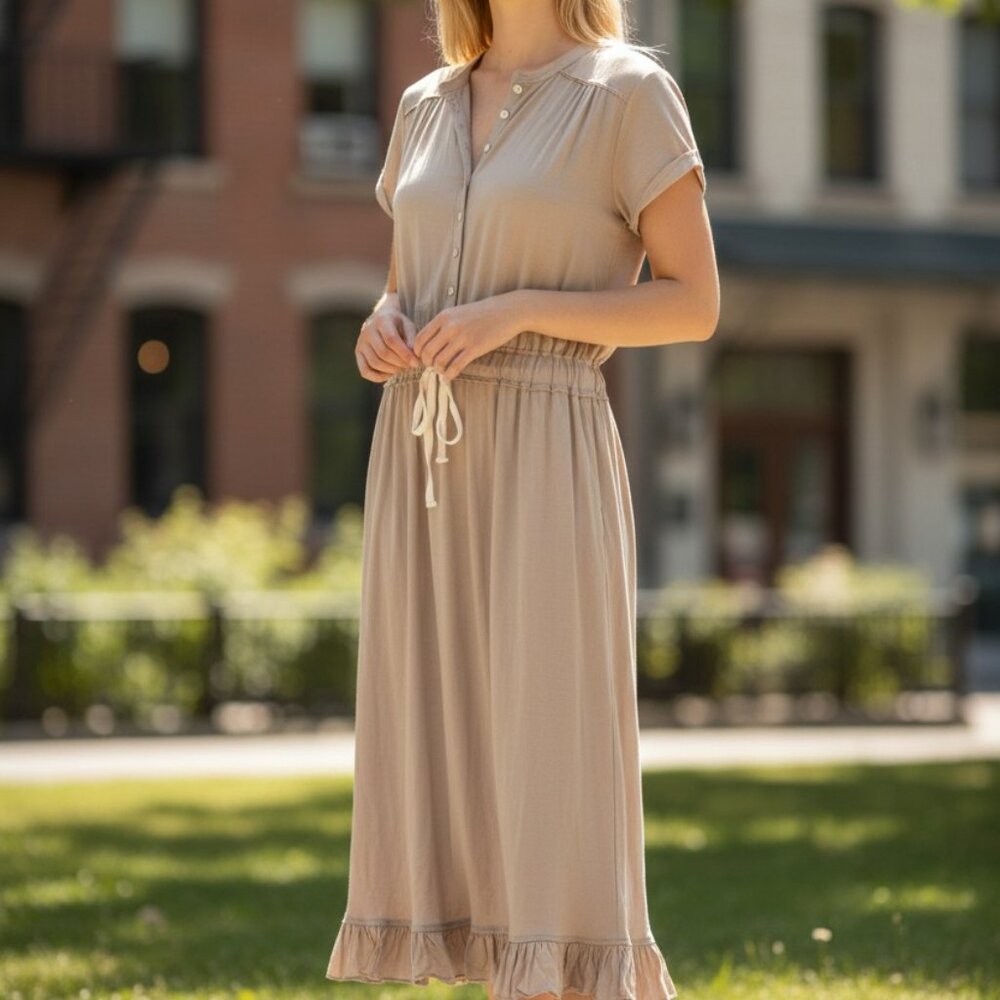 Free People Beige Midi Button-Front Drawstring Dress